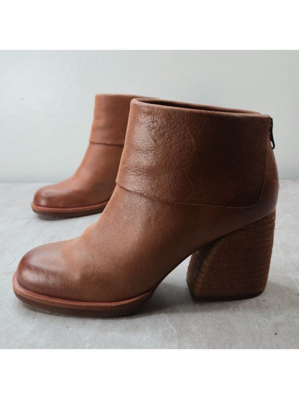 Brown Leather Ankle Boot 6.5 Chunky Block Heel Comfort Bootie Minimalist Western